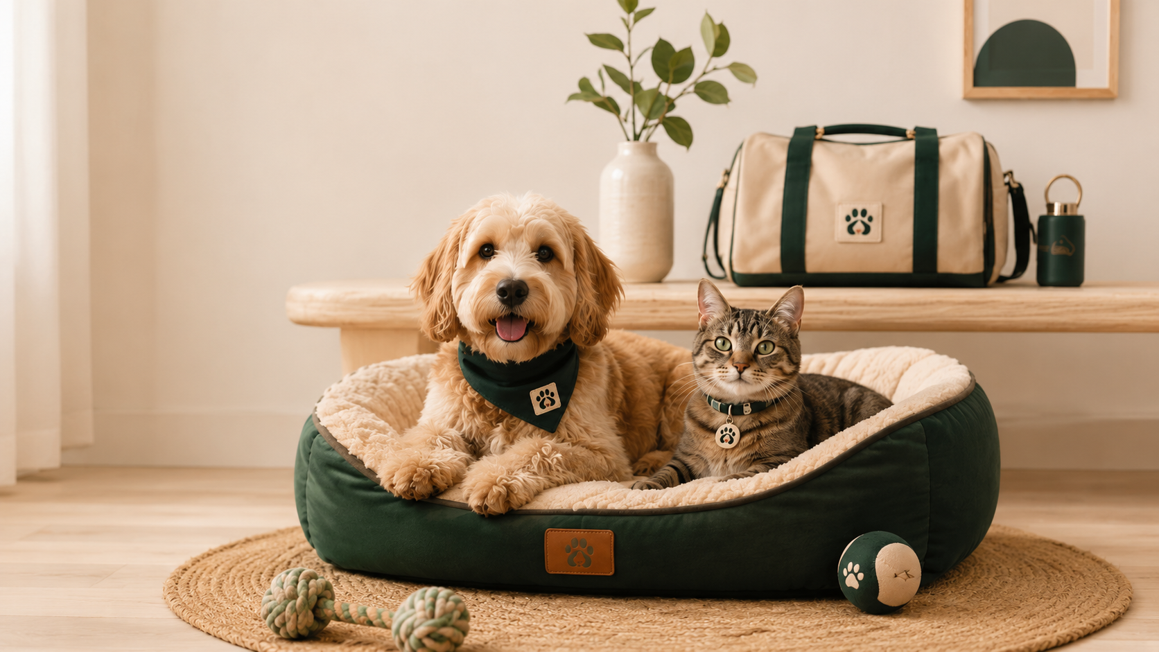 Perro y gato con accesorios Pata Shop en sala